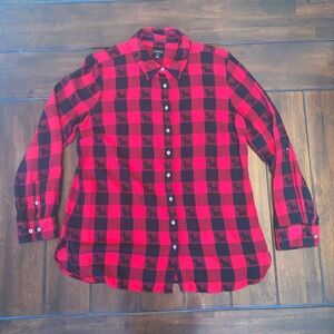 Talbots Red and Black Buffalo Plaid Button Down Tunic Shirt Scottie Dog Print L